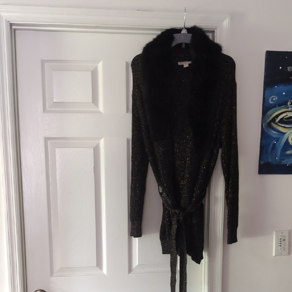 Black and Gold Shimmer Cardigan with Fur Collar